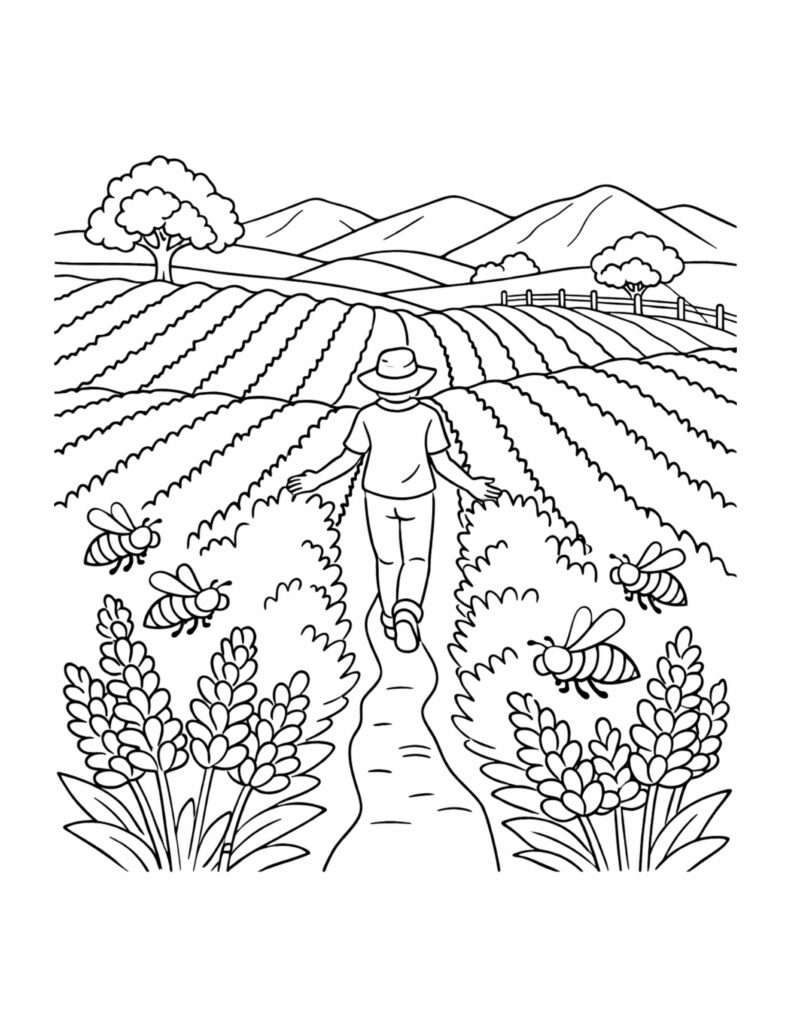 farmer strolling in lavender field coloring page, line art farm rows with bees, trees, fence, and mountains