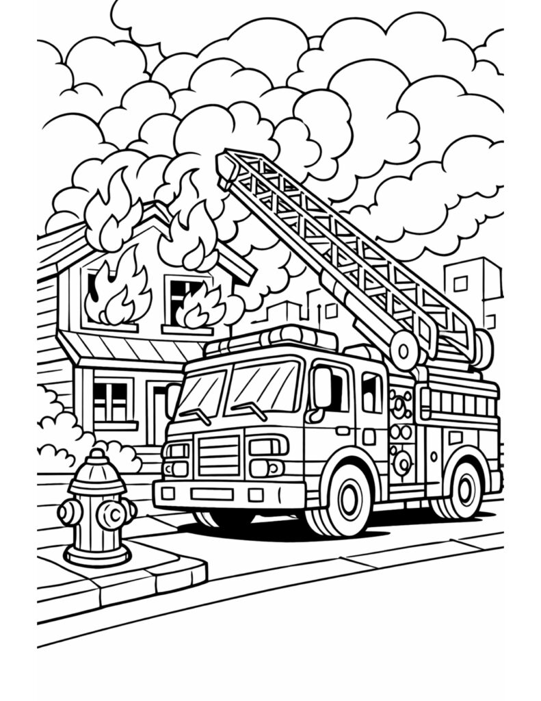 fire truck fighting house fire coloring page with ladder truck by a burning house, swirling smoke, street hydrant coloring page