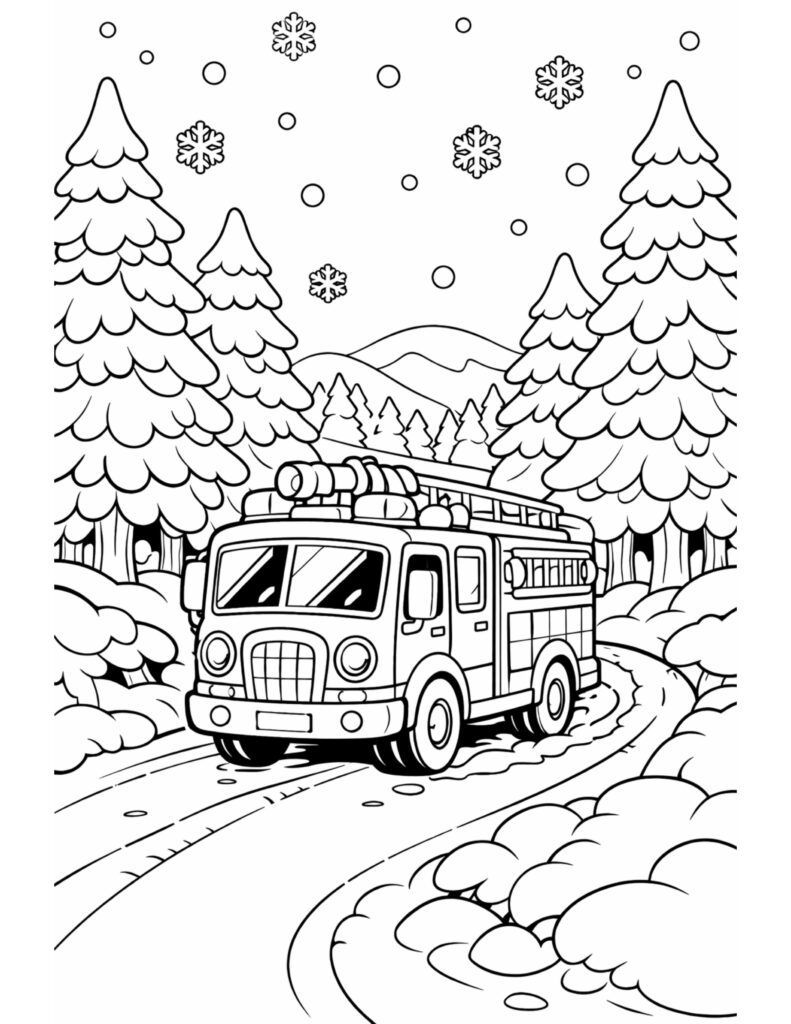 fire truck in snowy forest coloring page with snowflakes, pine trees, a winding road, and mountains, coloring page