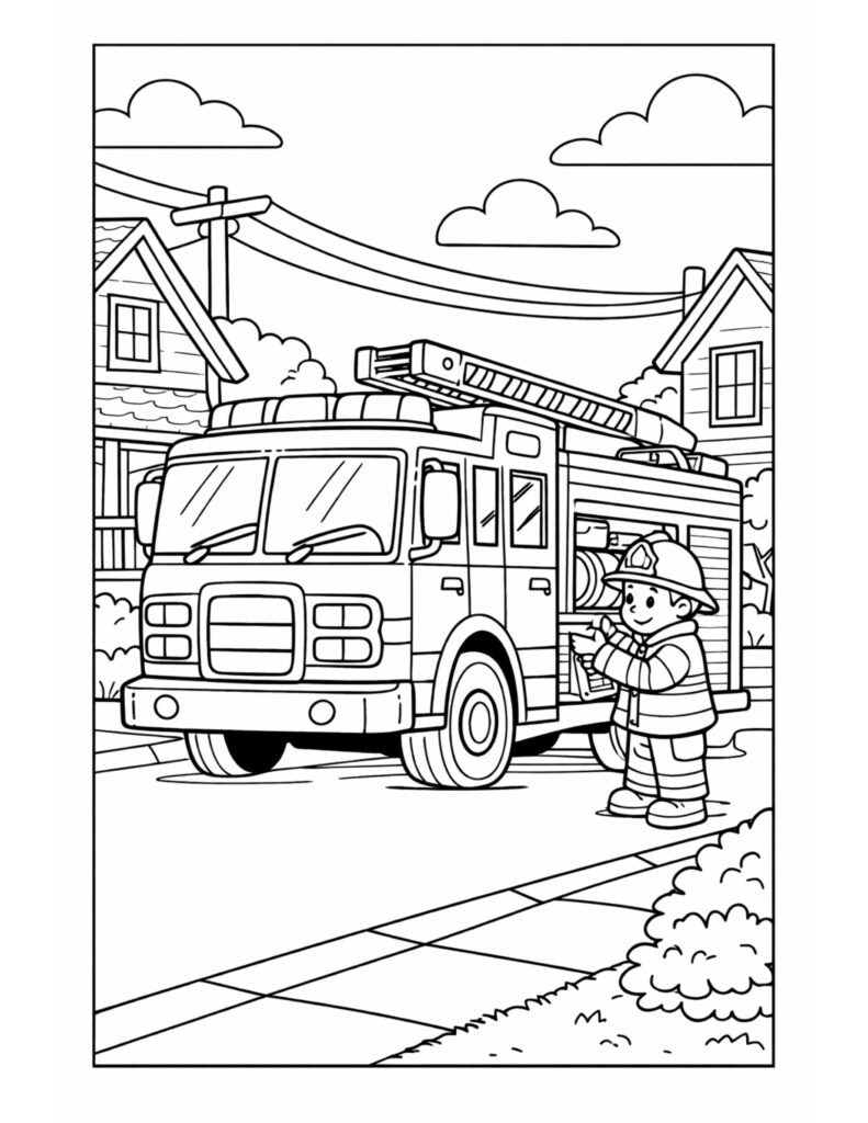 firefighter beside fire truck coloring page with a ladder truck parked on a quiet neighborhood street coloring page