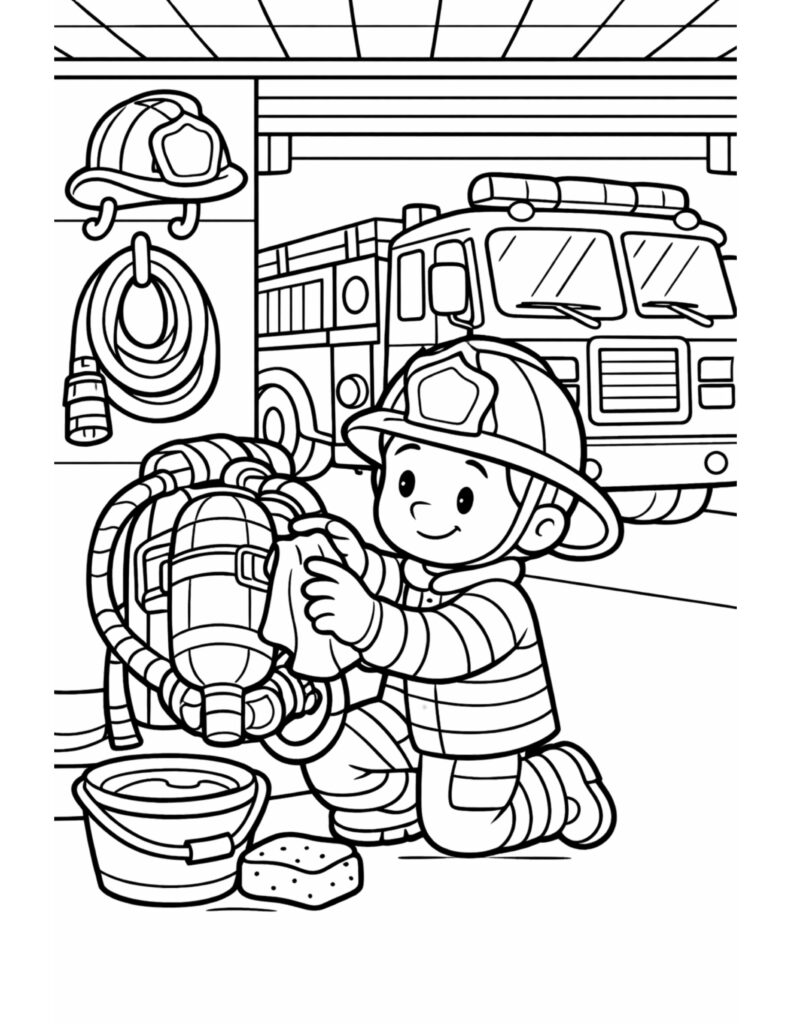 firefighter cleaning gear in station coloring page with fire truck, helmet, and hose coloring page