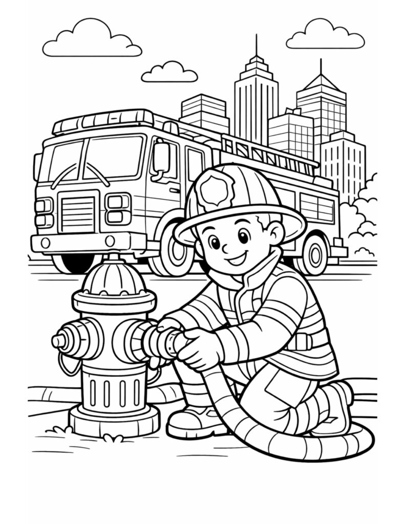 firefighter connecting hose to hydrant coloring page with kneeling firefighter, city skyline, fire truck, coloring page