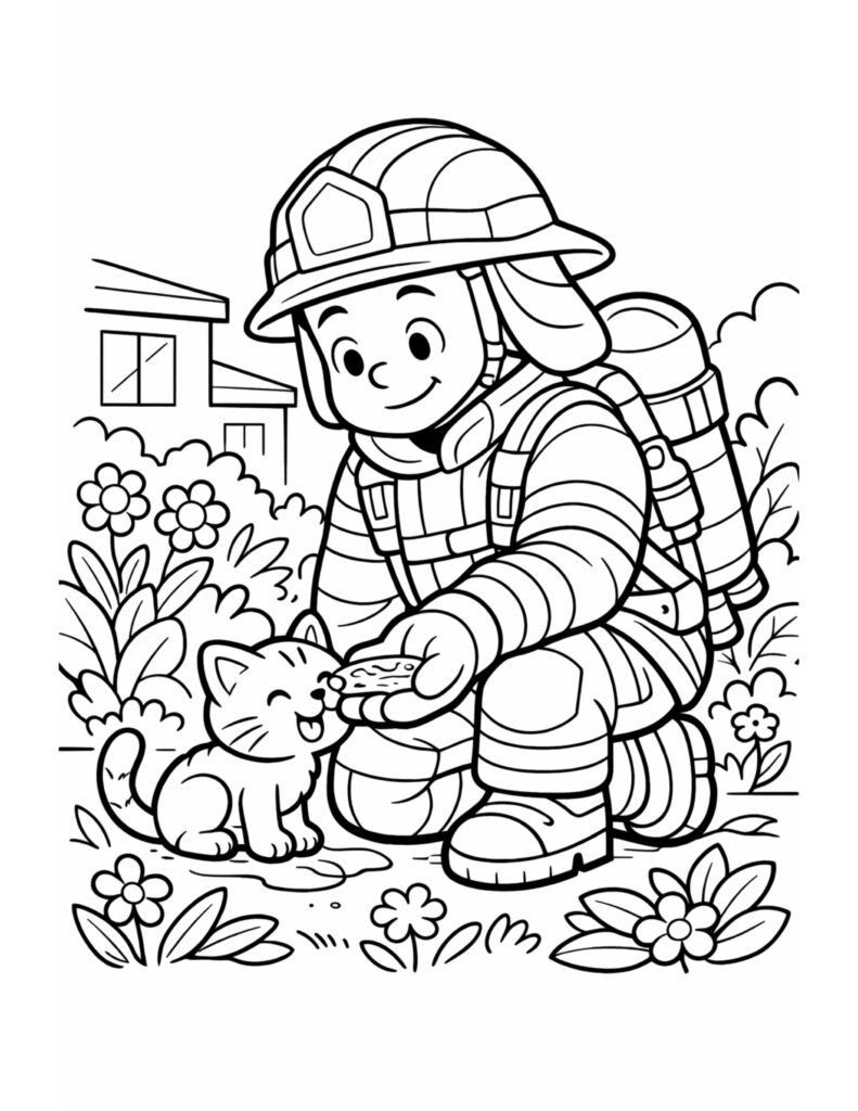 firefighter feeding kitten in garden coloring page with a kneeling firefighter and happy kitten among flowers coloring page
