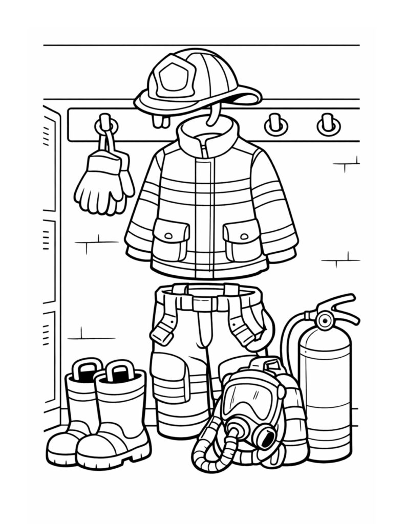 firefighter gear hanging in locker coloring page with helmet, jacket, pants, boots, gloves, air mask, and extinguisher coloring page