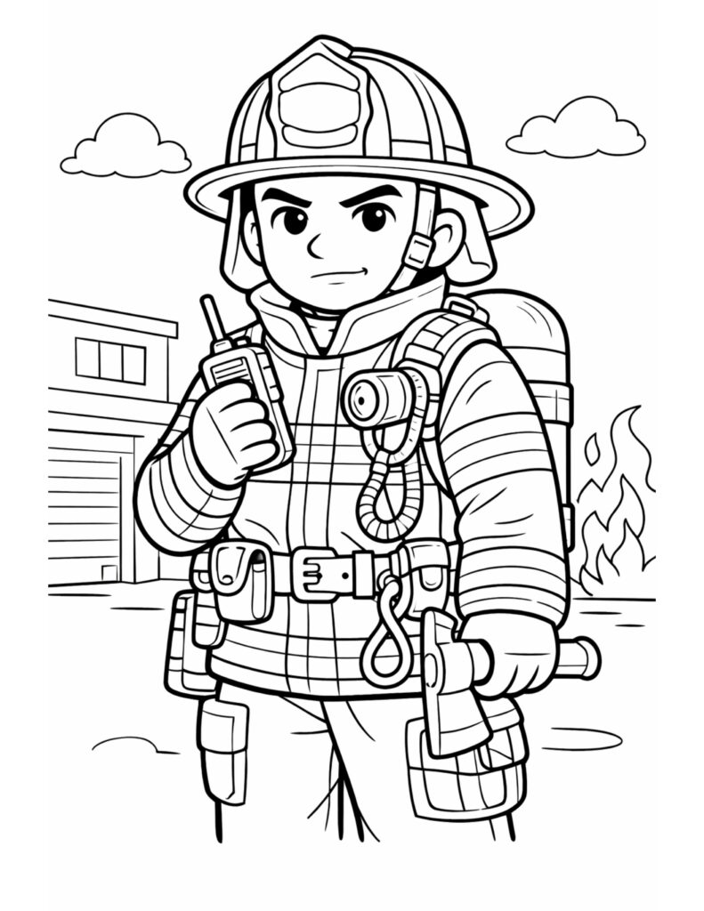 firefighter holding radio and axe coloring page, brave hero in full gear near a station with flames coloring page