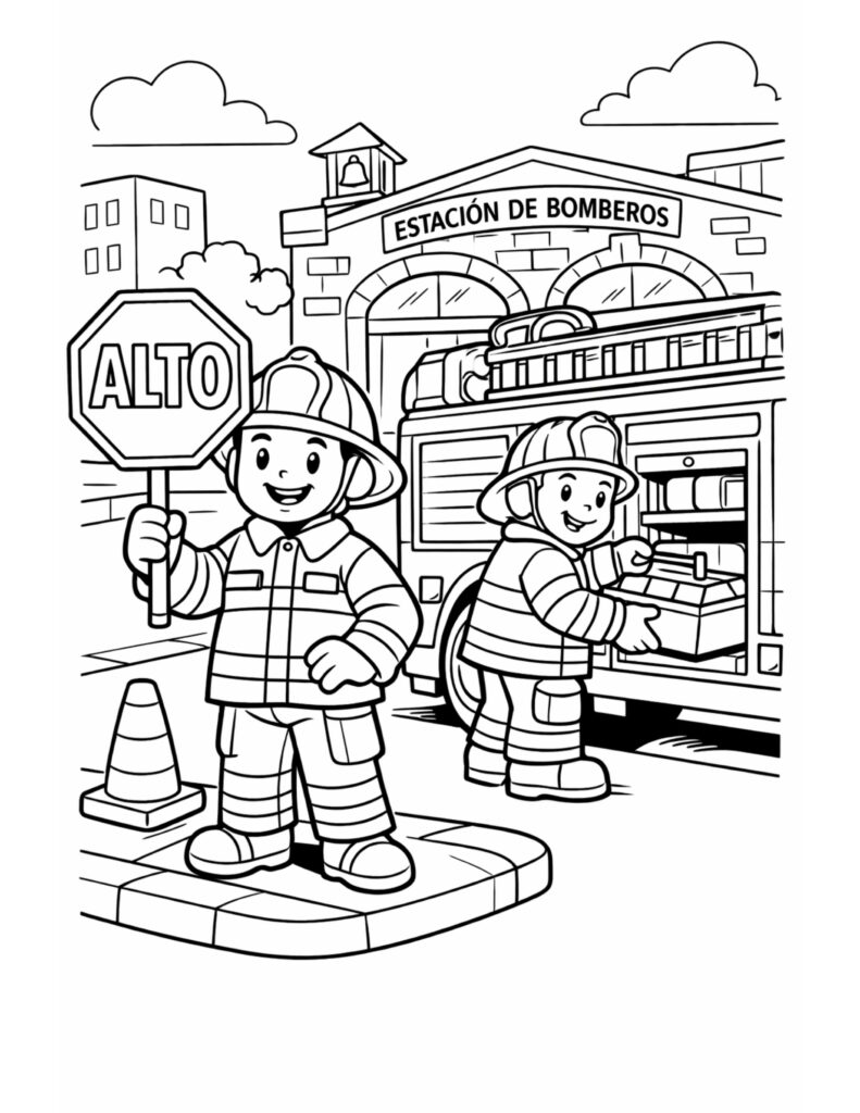 firefighter holding stop sign station coloring page with fire truck, station sign, and traffic cone