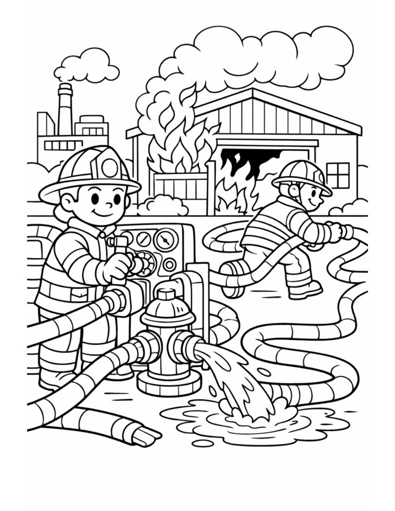 firefighter operating hydrant at fire coloring page with hoses, water splash, and burning building coloring page