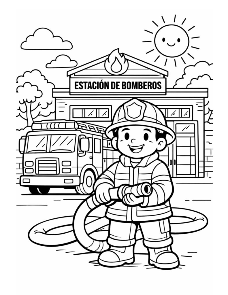 firefighter outside fire station coloring page with a smiling firefighter holding a hose, firetruck, and sunny sky