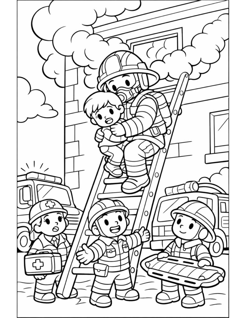 firefighter rescuing child on ladder coloring page with smoke around the building and fire trucks, coloring page