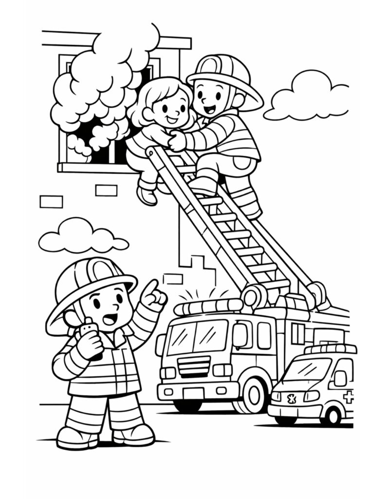 firefighter rescuing child on ladder coloring page with smiling firefighters, smoke in window, fire truck, coloring page