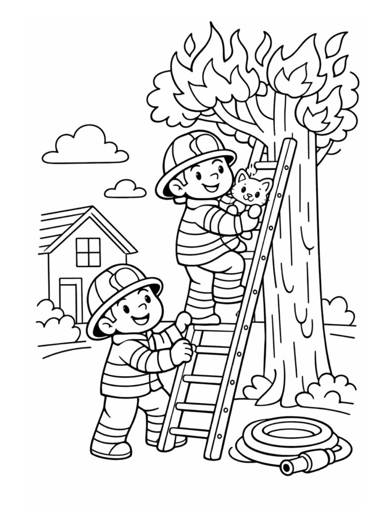 firefighter rescuing kitten from tree coloring page with two firefighters on a ladder by a tall tree coloring page