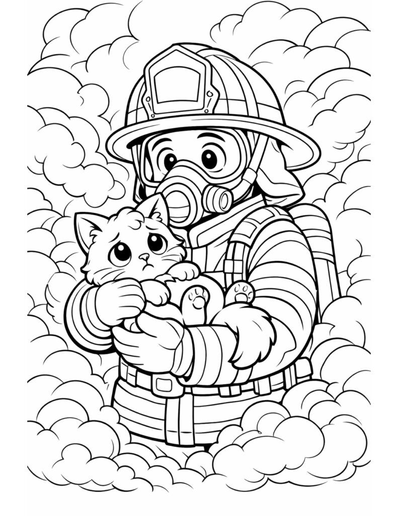 firefighter rescuing kitten in smoke coloring page, masked firefighter holding a worried kitten surrounded by puffy smoke, coloring page