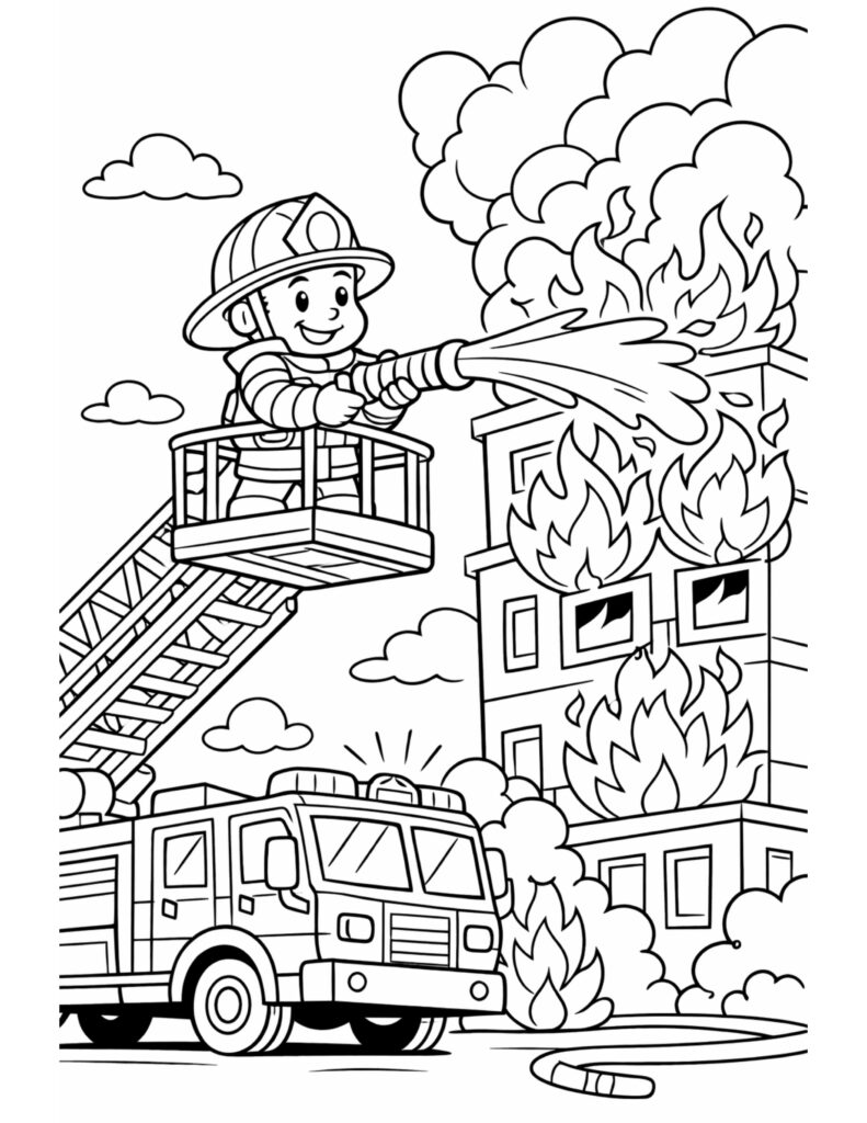 firefighter spraying water on fire coloring page with ladder truck and burning building line art coloring page