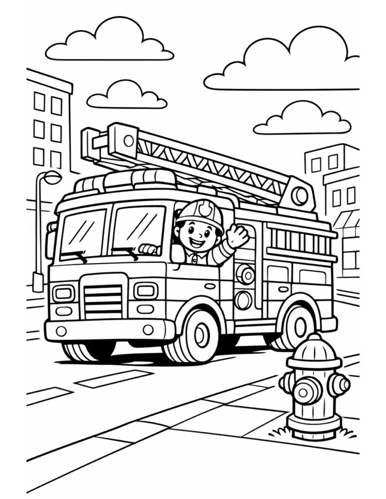firefighter waving from ladder truck coloring page with a smiling firefighter, city buildings, clouds, and a hydrant coloring page