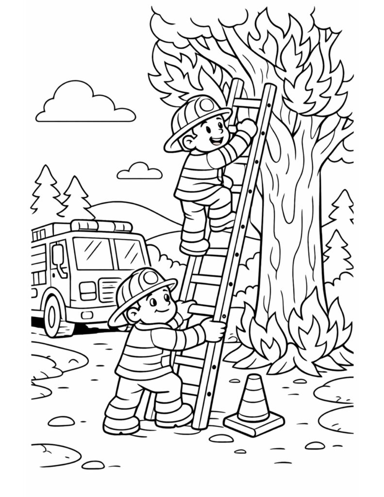 firefighters battling tree fire coloring page showing a ladder team, fire truck, and flaming tree coloring page