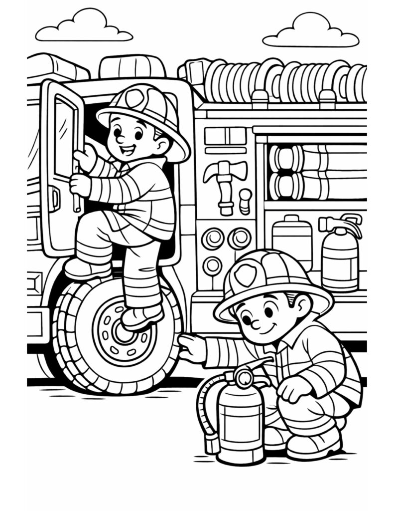 firefighters checking extinguisher by truck coloring page with two firefighters, open truck door, and equipment