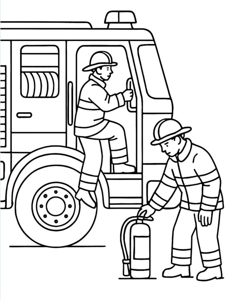 firefighters checking fire extinguisher coloring page with one firefighter climbing into a truck and another inspecting equipment coloring page
