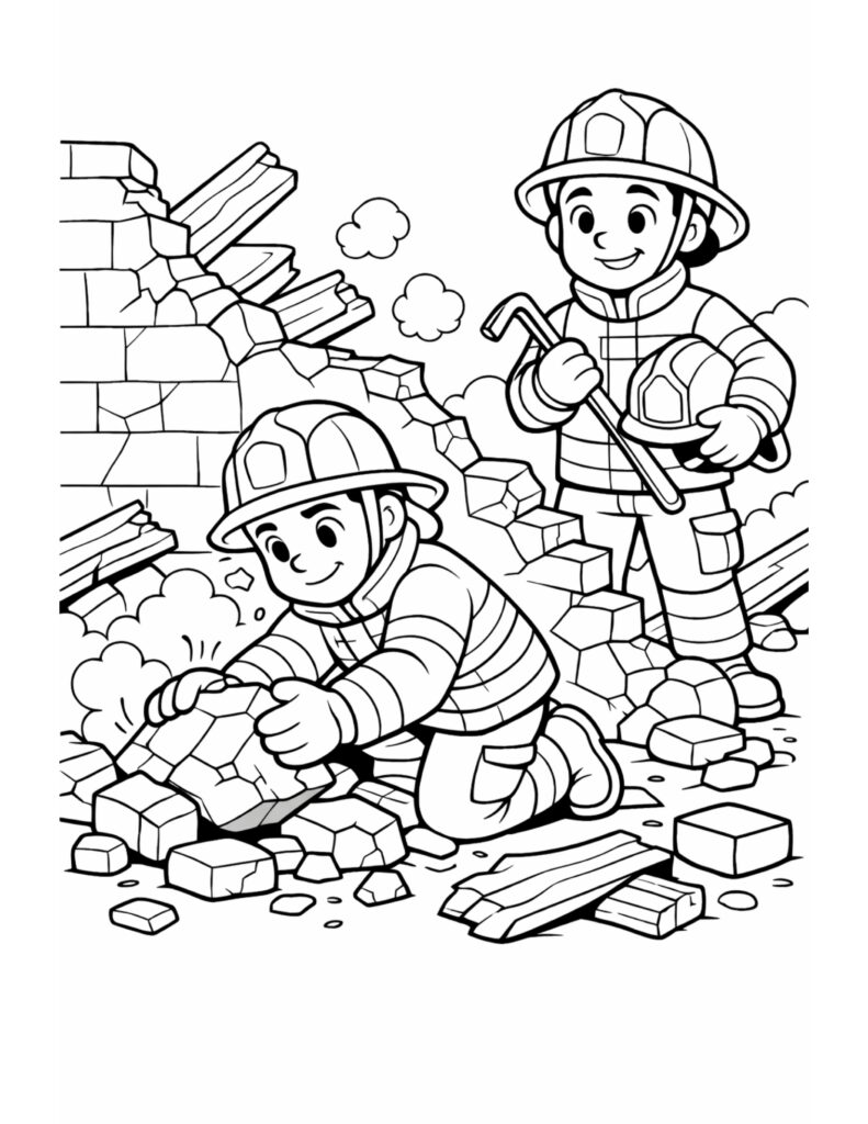 firefighters clearing rubble rescue coloring page with two firefighters, broken bricks, and a damaged wall coloring page