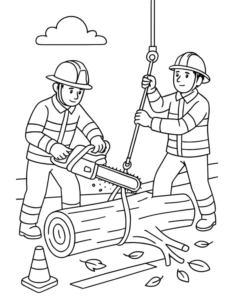 firefighters cutting log with chainsaw coloring page featuring two firefighters, a large log, and a hanging line scene coloring page