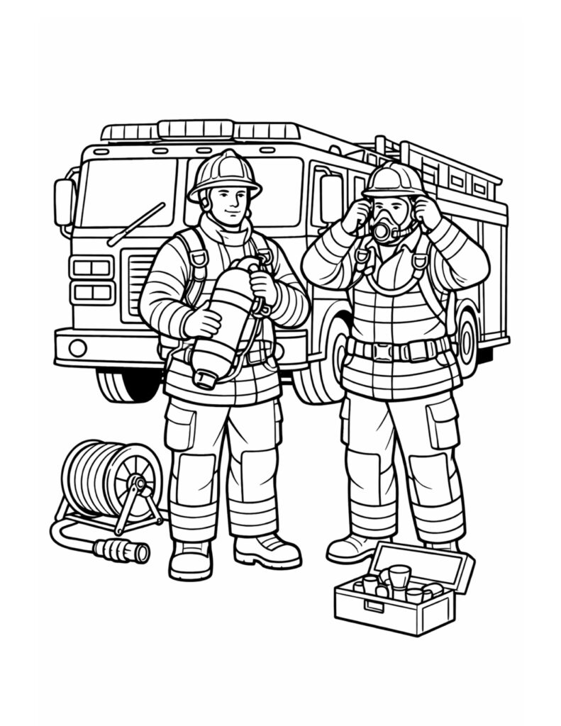 firefighters donning masks by firetruck coloring page with two firefighters, hose reel and toolbox, line art coloring page