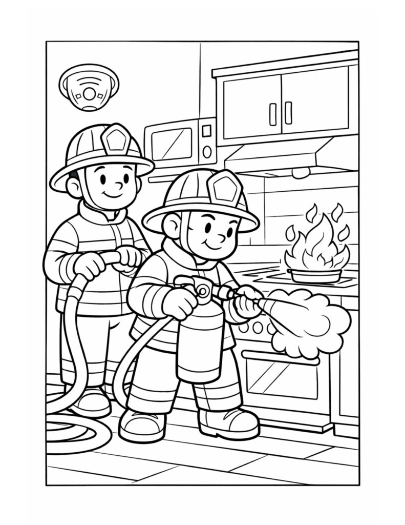 firefighters extinguishing kitchen stove fire coloring page with two firefighters using extinguisher in a kitchen coloring page