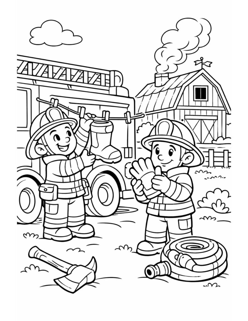 firefighters hanging boots by truck coloring page showing two firefighters with gloves, hose roll, axe, and a smoky barn, coloring page