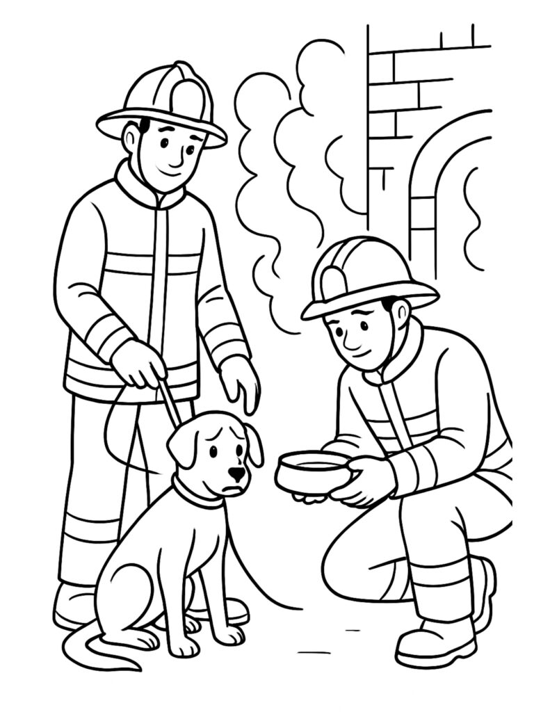 firefighters helping scared dog coloring page with two firefighters comforting a leashed dog, smoke behind, coloring page