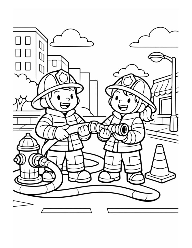firefighters holding hose by hydrant coloring page with two smiling firefighters, hydrant, hose, and city buildings coloring page