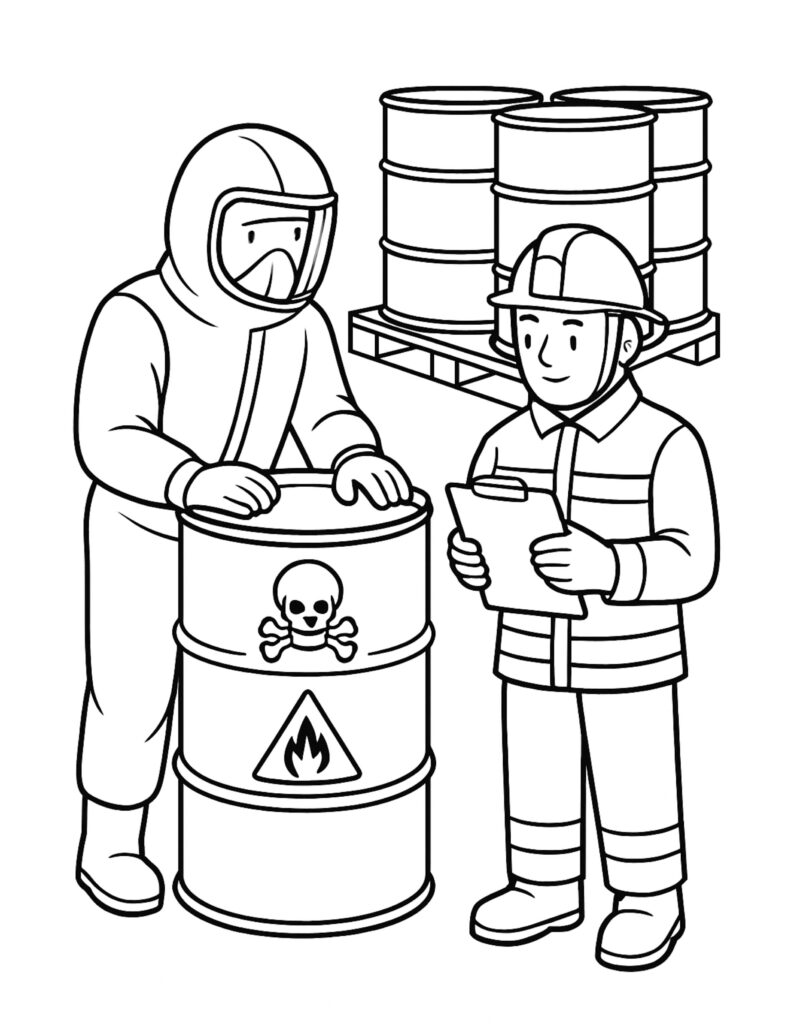 firefighters inspecting hazardous barrel coloring page showing a hazmat suit, warning barrel, and firefighter with clipboard coloring page