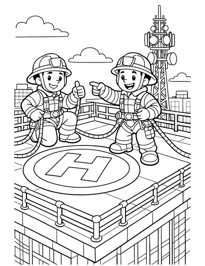 firefighters on rooftop helipad coloring page with two firefighters, ropes, and rooftop railings