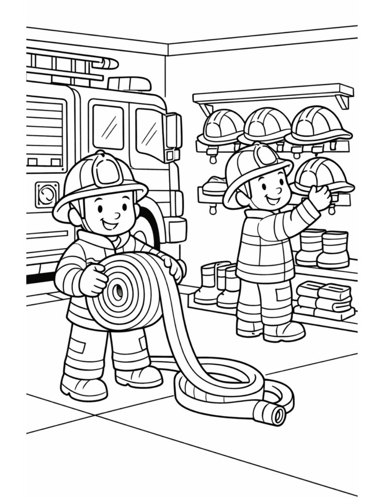 firefighters organizing gear in station coloring page with rolled hose, helmets on rack, boots, and fire truck