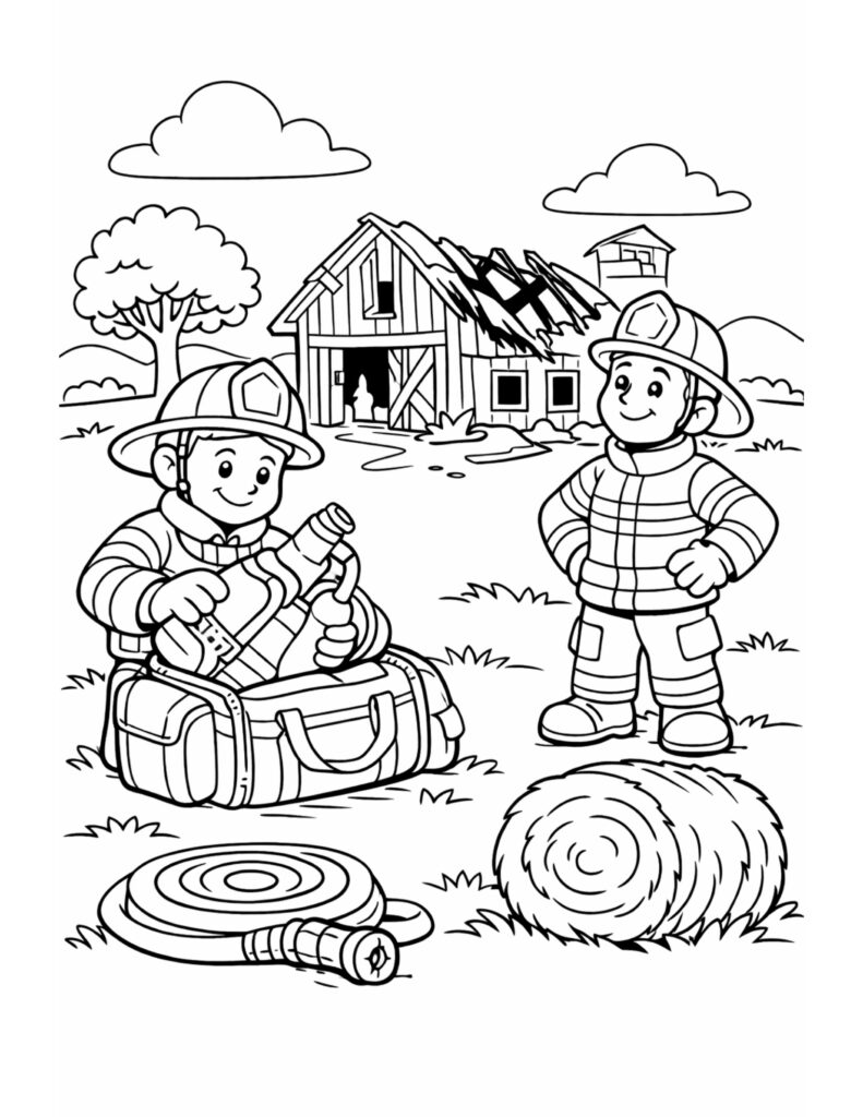firefighters packing gear at barnfire coloring page with duffel bag, coiled hose, hay bale, and barn in the background