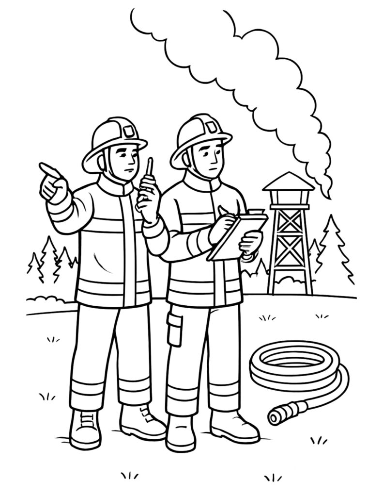 firefighters planning near smoky tower coloring page with two firefighters, radio, clipboard, coiled hose, and smoke coloring page