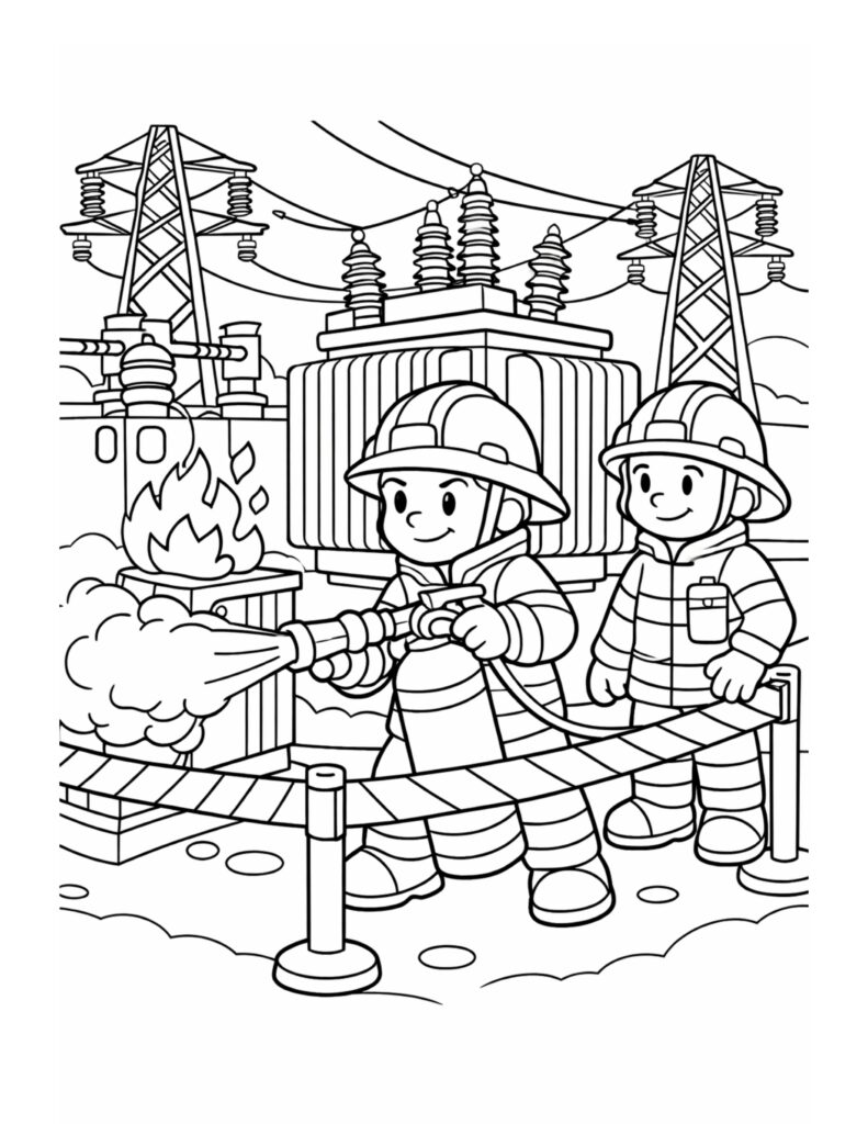 firefighters putting out substation fire coloring page showing two firefighters spraying extinguisher near a power transformer, coloring page