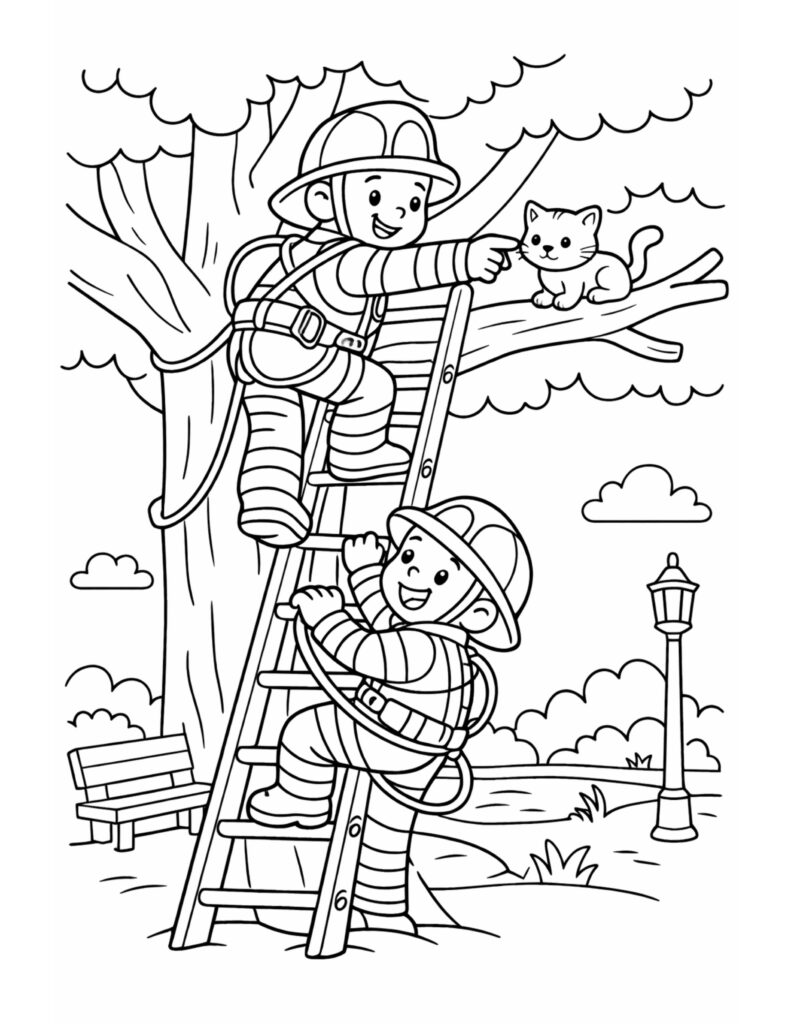 firefighters rescuing kitten from tree coloring page with a ladder in a park setting, line art coloring page