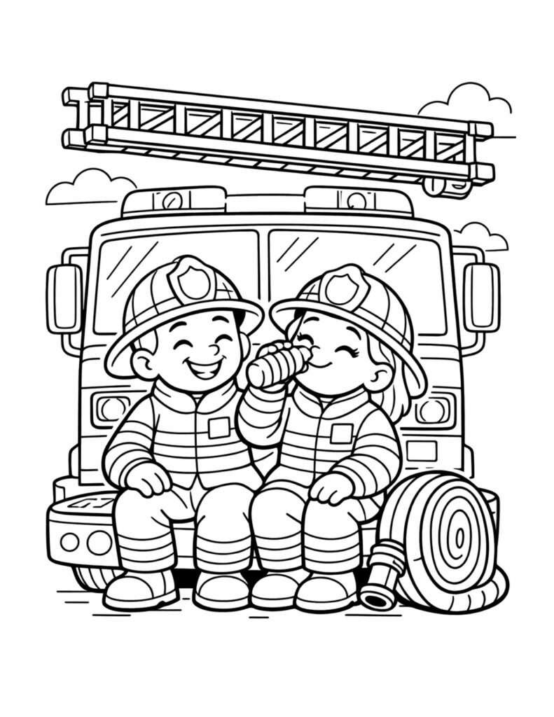 firefighters resting by fire truck coloring page showing two firefighters sitting by a ladder truck and hose, coloring page