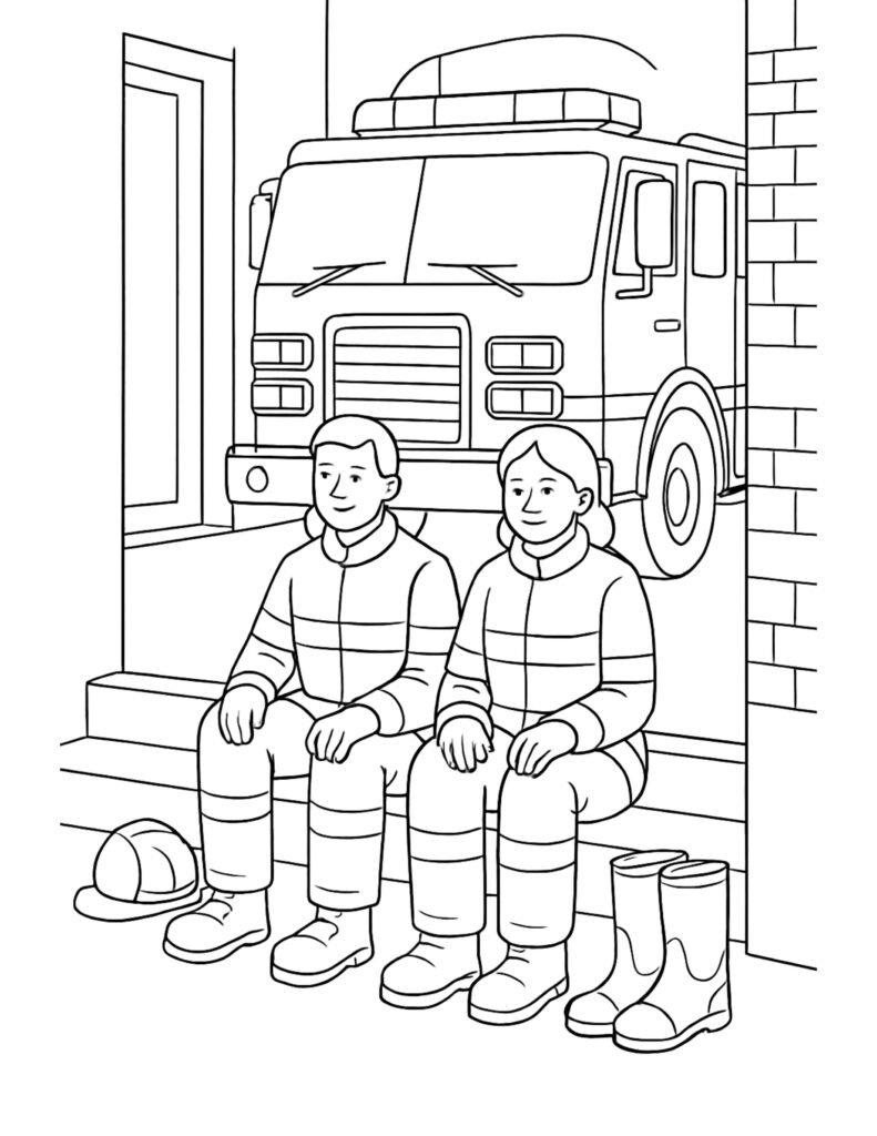firefighters resting on station steps coloring page with two firefighters sitting by a fire truck, helmet and boots nearby coloring page