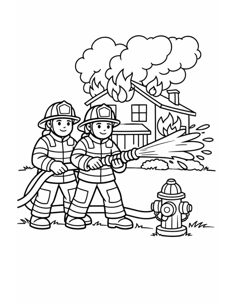 firefighters spraying burning house coloring page with two firefighters using a hose by a hydrant, line art coloring page