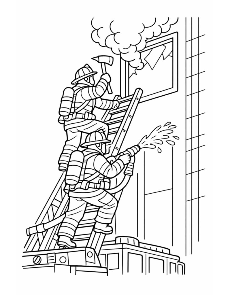firefighters spraying hose on ladder coloring page with smoke at a broken window, line art coloring page