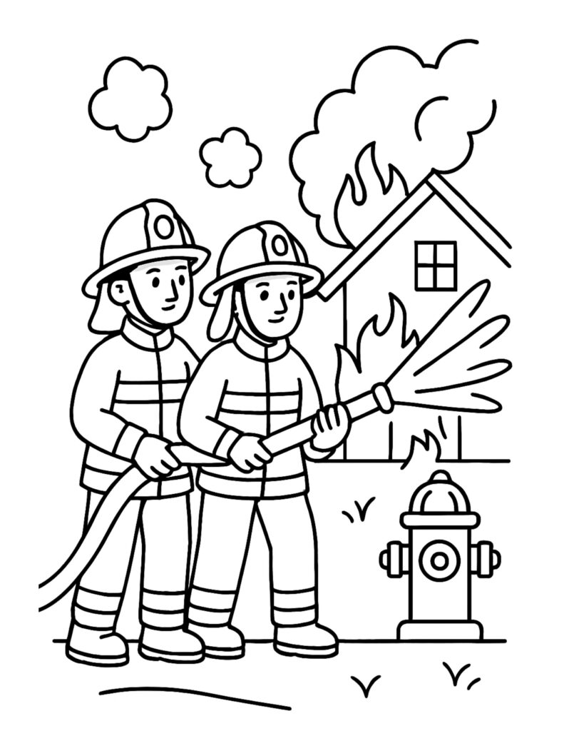 firefighters spraying water on housefire coloring page with two firefighters aiming a hose at a burning house and a hydrant coloring page