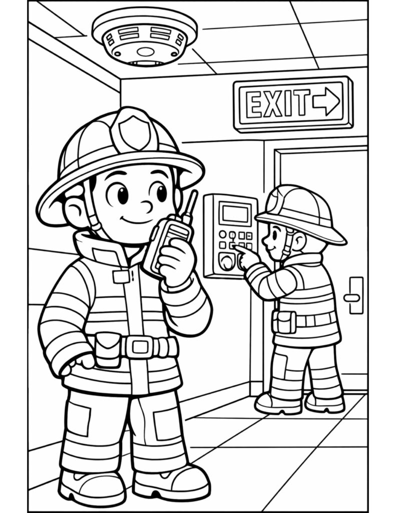 firefighters testing alarm at exit coloring page with smoke detector, radio, and control panel coloring page