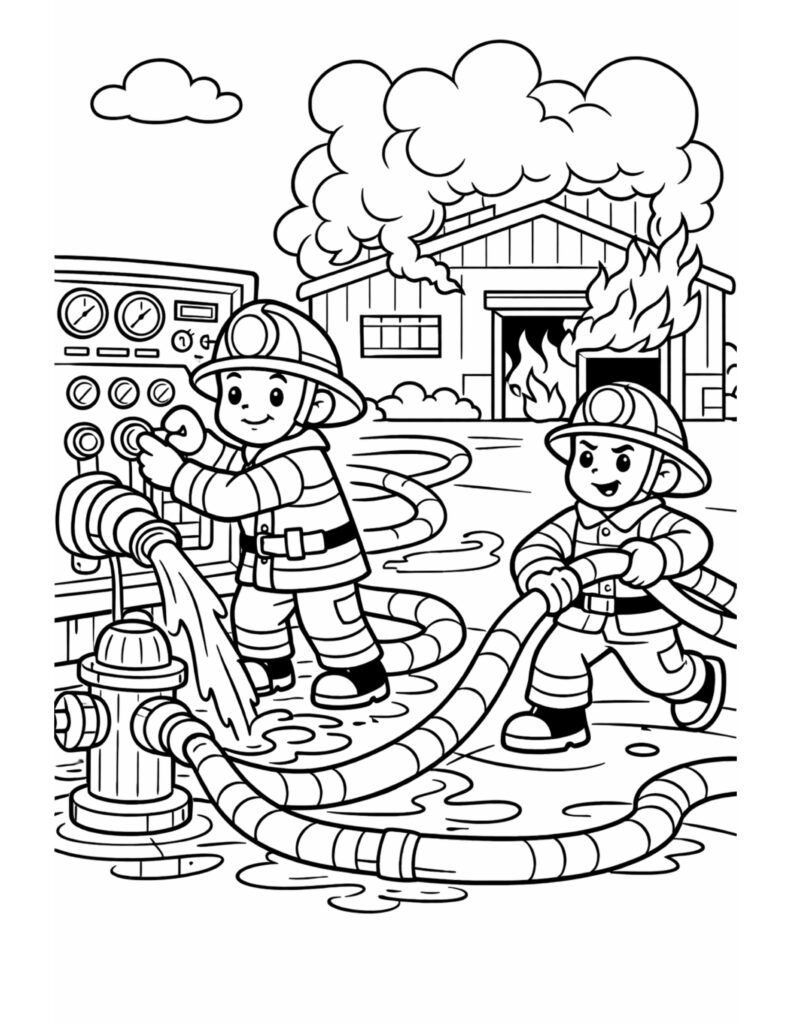 firefighters using hydrant fire scene coloring page with two firefighters, hoses, and burning building coloring page