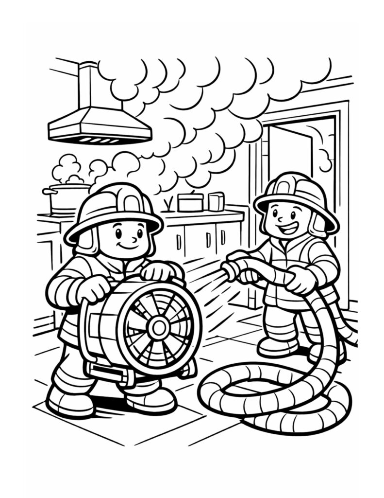 firefighters ventilating smoky kitchen coloring page with two firefighters, a hose, a blower fan, and thick smoke by the stove coloring page