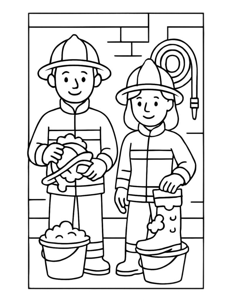 firefighters washing gear with soap coloring page, two firefighters cleaning helmet and boot in buckets, coloring page