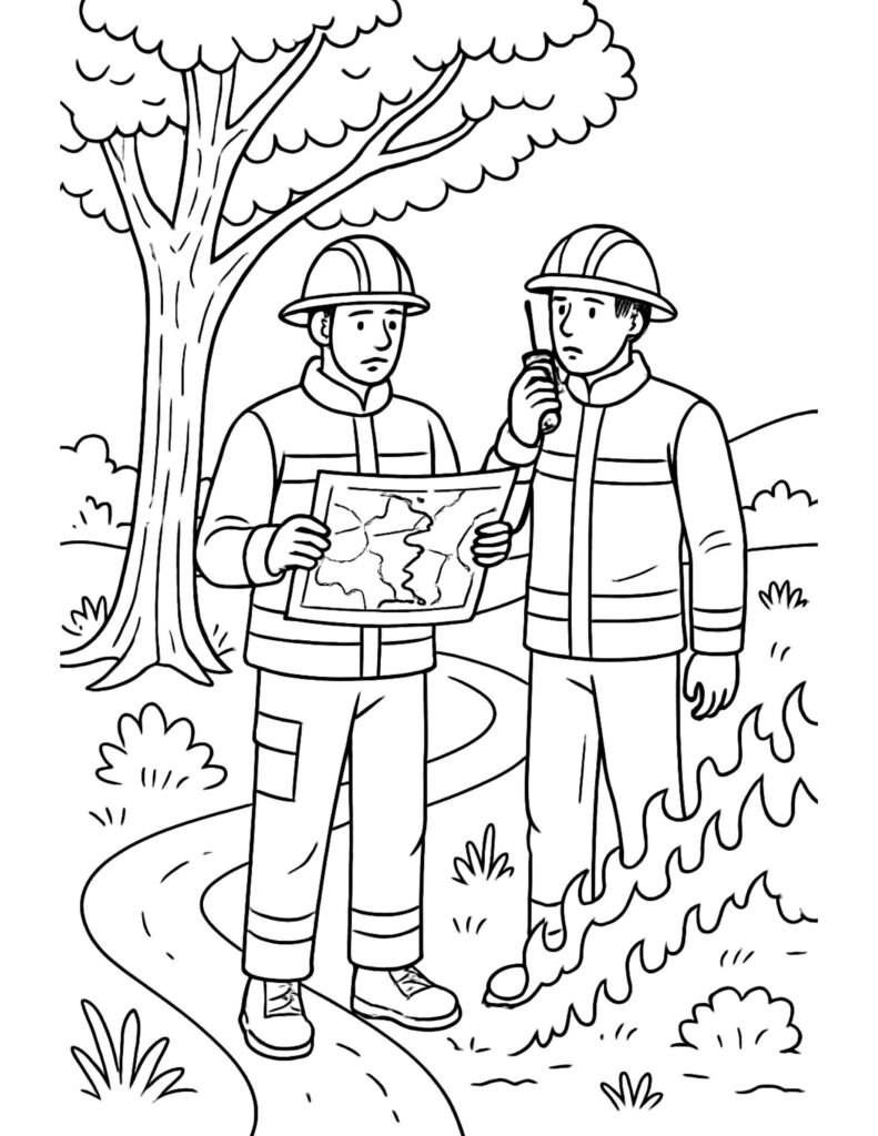 firefighters with map and radio coloring page with two firefighters outdoors, one holding a map and one using a radio coloring page