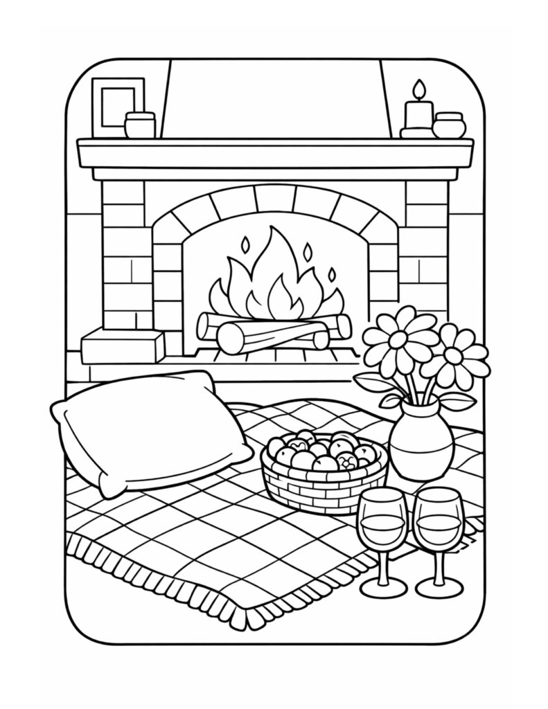fireplace picnic blanket and wine coloring page with a lit fireplace, flowers, fruit basket, and two glasses coloring page