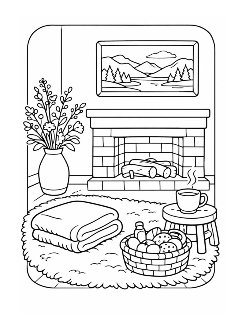 fireplace with blanket and mug coloring page featuring a brick fireplace, folded blanket, snack basket, and flowers