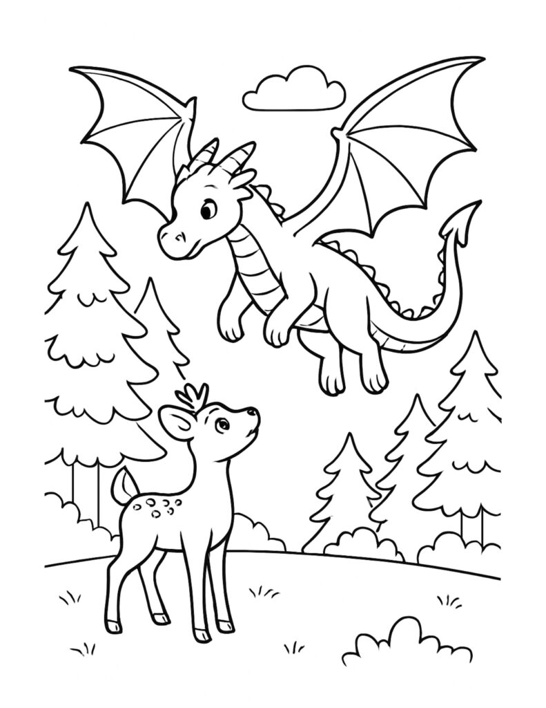 flying dragon above deer coloring page, a dragon hovering over a deer in a pine forest, coloring page