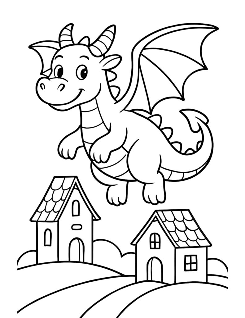 flying dragon over village coloring page, smiling dragon flying above small houses on hills coloring page