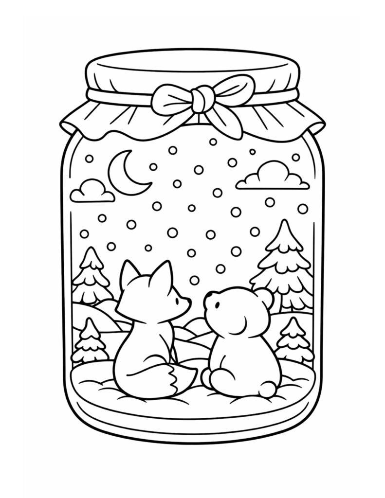 fox and bear stargazing jar coloring page with moon, clouds, falling snow, and pine trees inside a jar coloring page